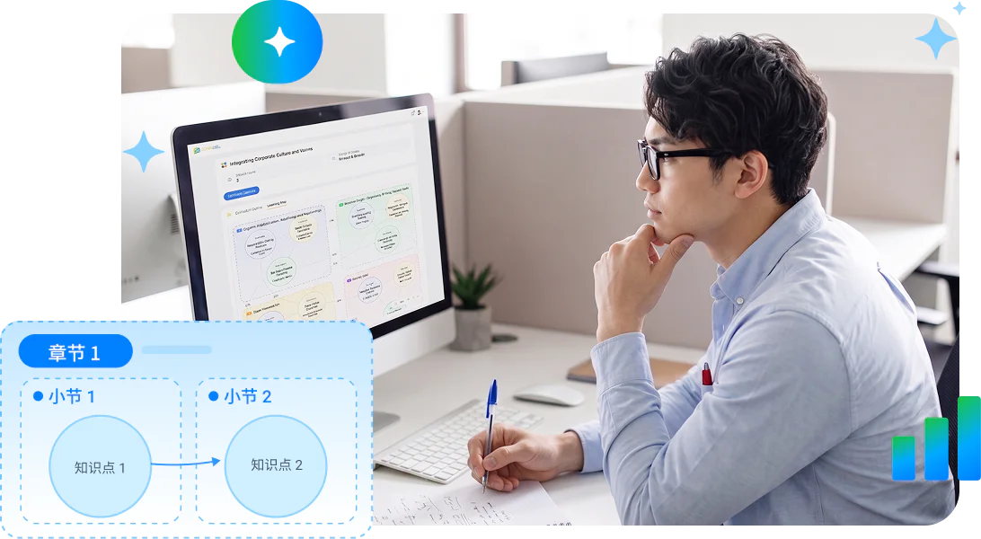 新入社員が構造化された学習パスを確認しながら、集中して自己学習に取り組んでいるシーンです。