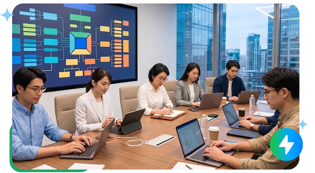 営業チームが新製品の核となる情報を、大きな画面で確認しているシーンです。