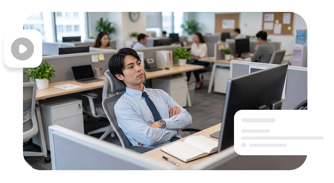 後任が、残された作業動画を一方的に見続けているシーンです。