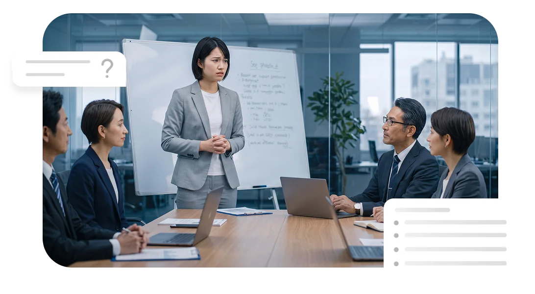 研修で学んだ内容を実務で説明できず、会議室で言葉に詰まっているシーンです。