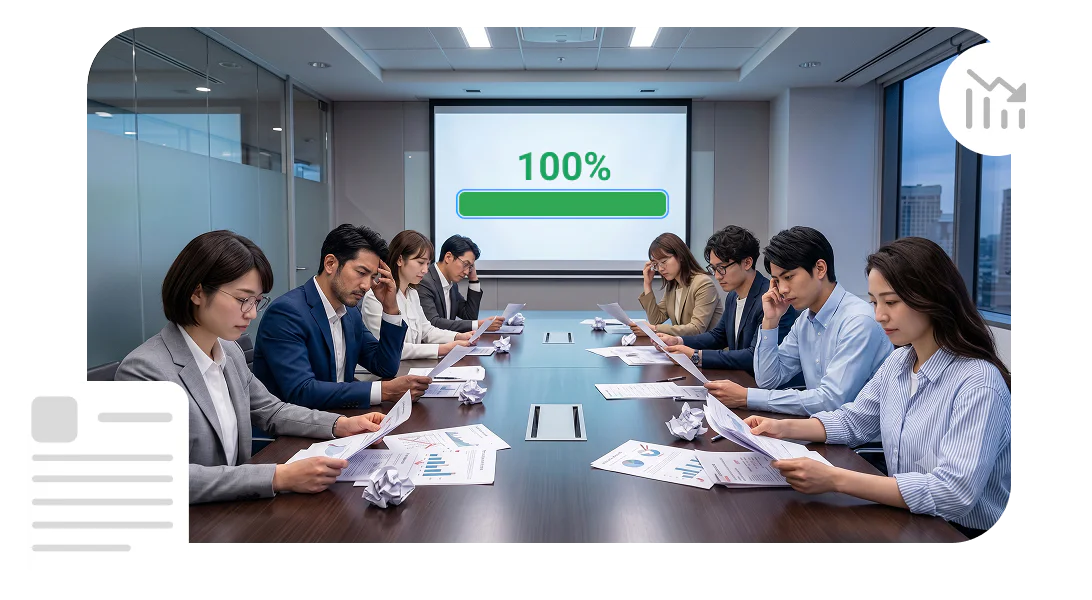 受講完了率だけをまとめた報告資料を前に、次に何を確かめるべきか決めきれずにいる会議のシーンです。