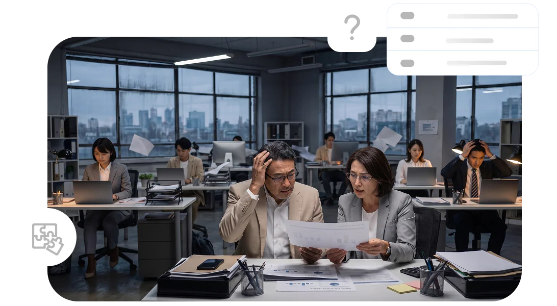 中小企業の技術継承が一部のベテランに集中し、現場の担当者が対応に迷っているシーンです。