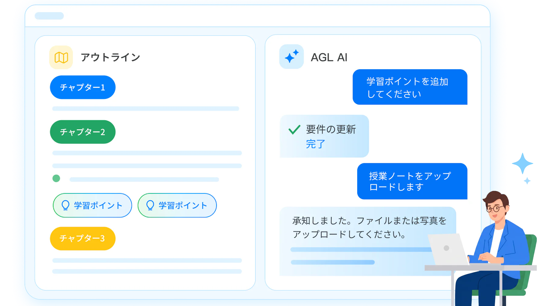 対話形式の質問に答えながら、コンプライアンス研修のコース構成を整えている画面です。