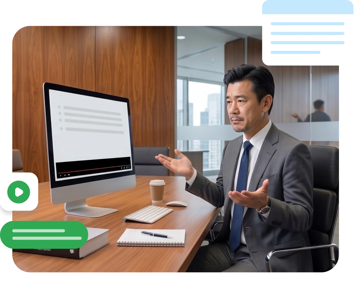 学習設計を見直そうとする担当者が、受講を終えた画面と白紙のノートを前に考え込んでいるシーンです。
