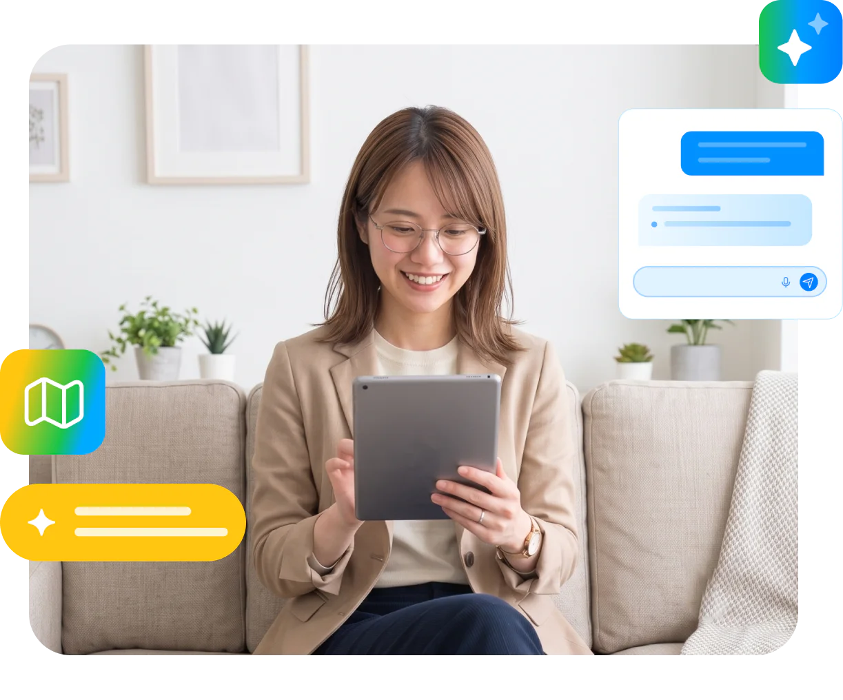 営業担当者がすきま時間に、スマートフォンで問いに答えているシーンです。