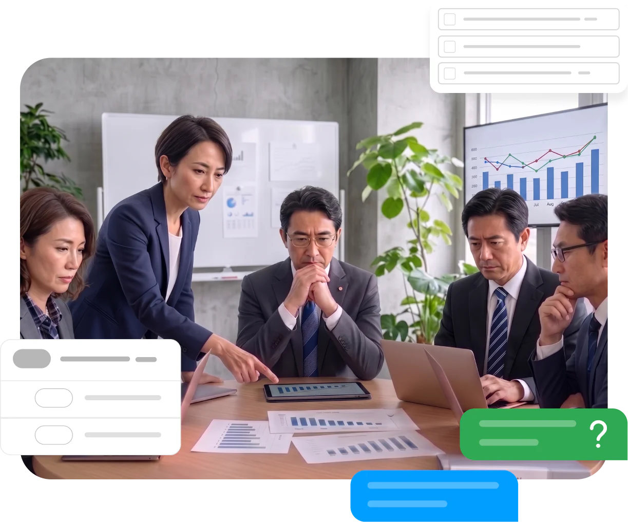 研修指標がビジネス成果から乖離し、業績不振の根本原因を特定できずにいるシーンです。