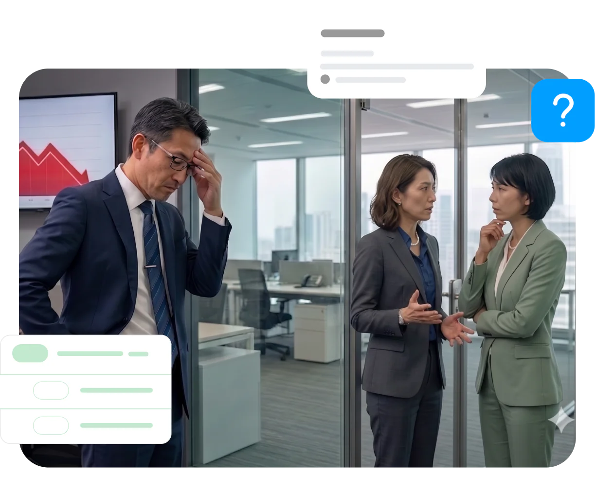 イネーブルメントの効果が見えないまま、事業部門の責任者が現場の様子を見ているシーンです。