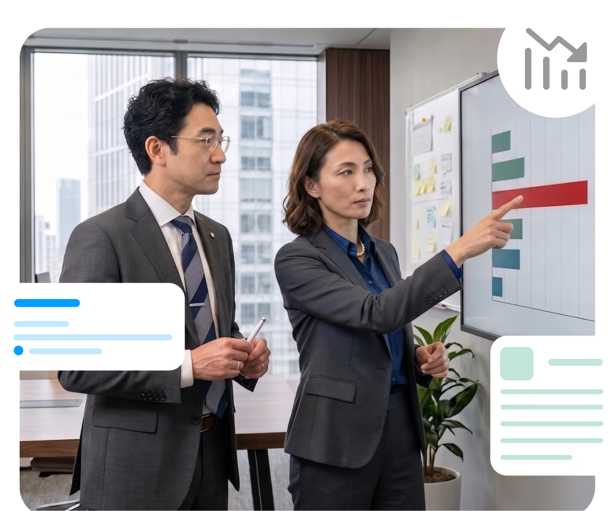 設問ごとの回答の傾向を示すグラフを前に、研修担当者と事業責任者が話し合う様子