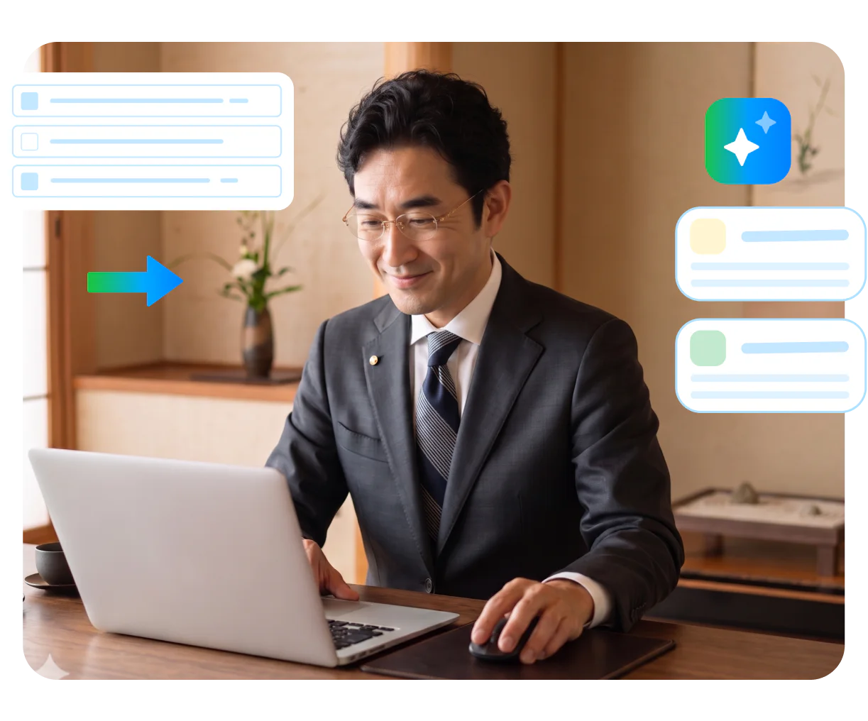 営業向けの製品資料が、インタラクティブなコースの構成に変わっていく様子を示すシーンです。