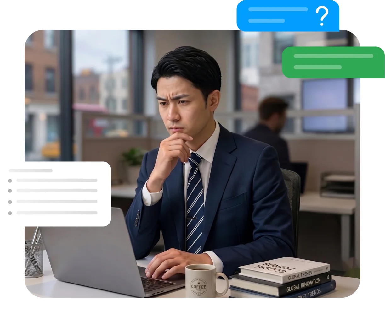 アクティブラーニングの手法を取り入れていない研修で、受講者が文字ばかりの教材を前に集中を保てずにいるシーンです。