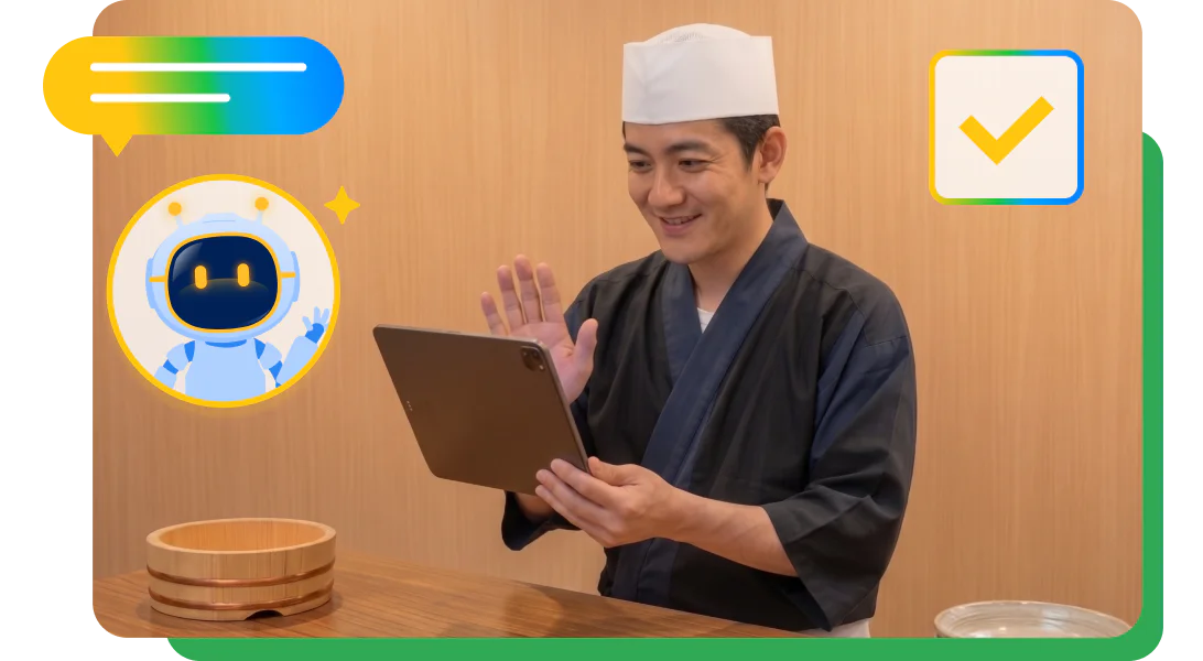 導入事例として、小売分野の全国展開企業の店舗スタッフが、店内でタブレットを使い対話練習に取り組むイラストです。