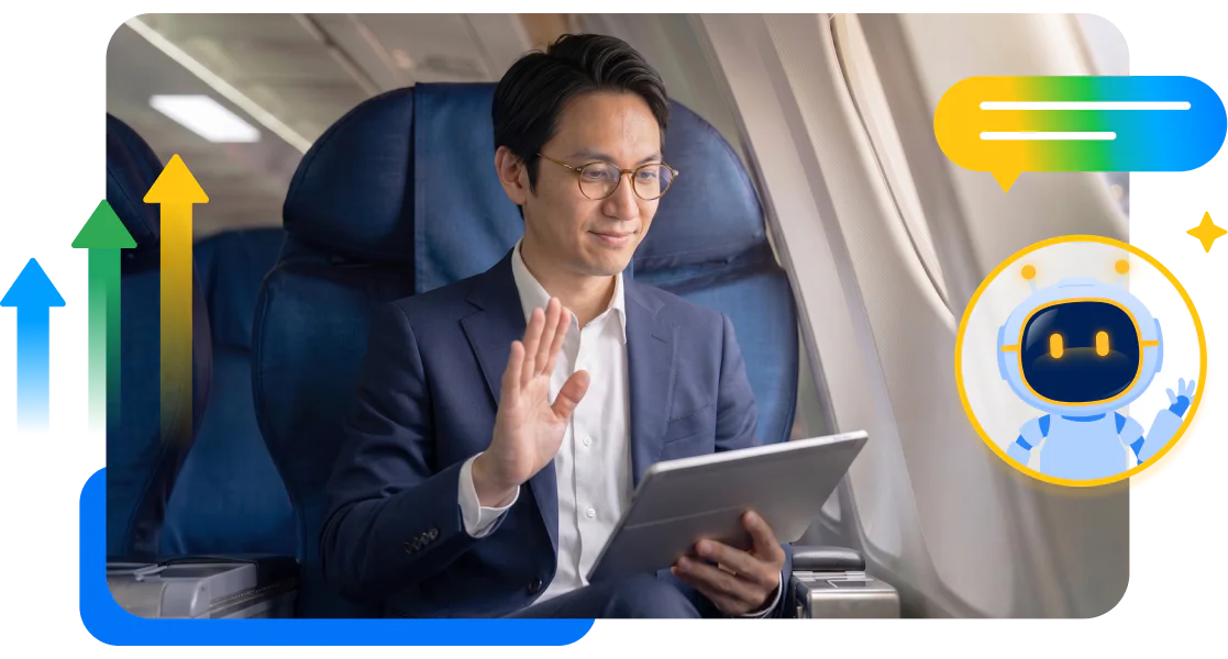 通信サービスを扱う店舗チェーンの担当者が、移動中の機内でタブレットを使い、料金プランの異議対応と成約に向けた練習に取り組む様子を描いたイラストです。