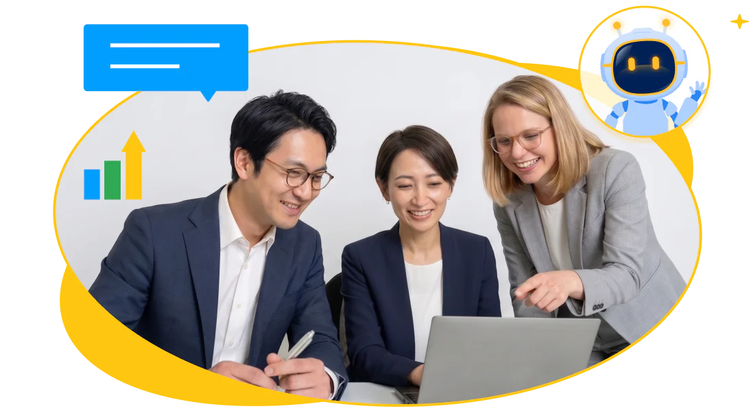 体外診断領域のグローバル企業で、AIによるコーチングを通じて医療機器チームの製品説明力と臨床コミュニケーション力を高めている事例のイラストです。
