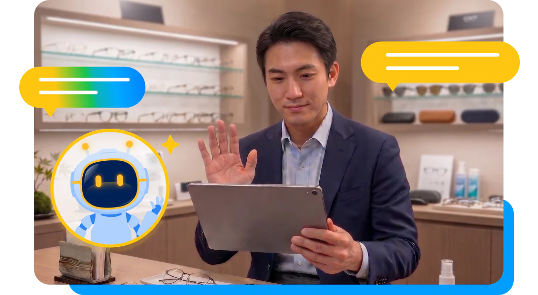 眼鏡小売分野の全国チェーン企業で、店舗スタッフがAIを使って実際の接客の流れを再現し、提案力を磨く導入事例のイラストです。