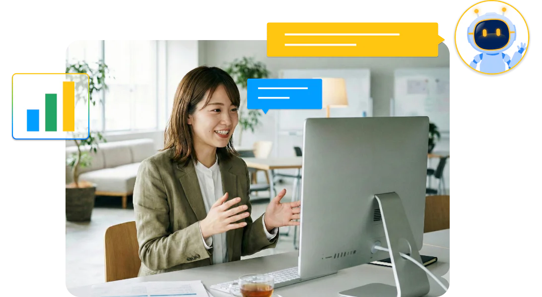 医薬品分野の国内大手メーカーで、新任チームリーダーがAIとの対話でマネジメント対話と現場コーチングのスキルを磨く導入事例のイラストです。