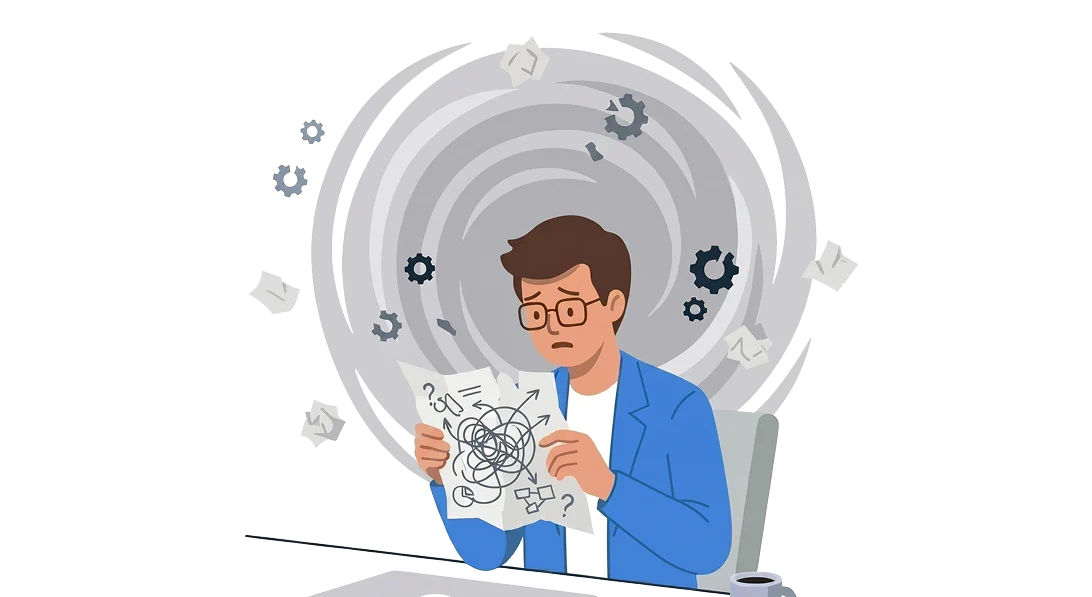 スコアだけを渡された営業担当者が、次に何を改善すべきか分からず戸惑っているシーンです。