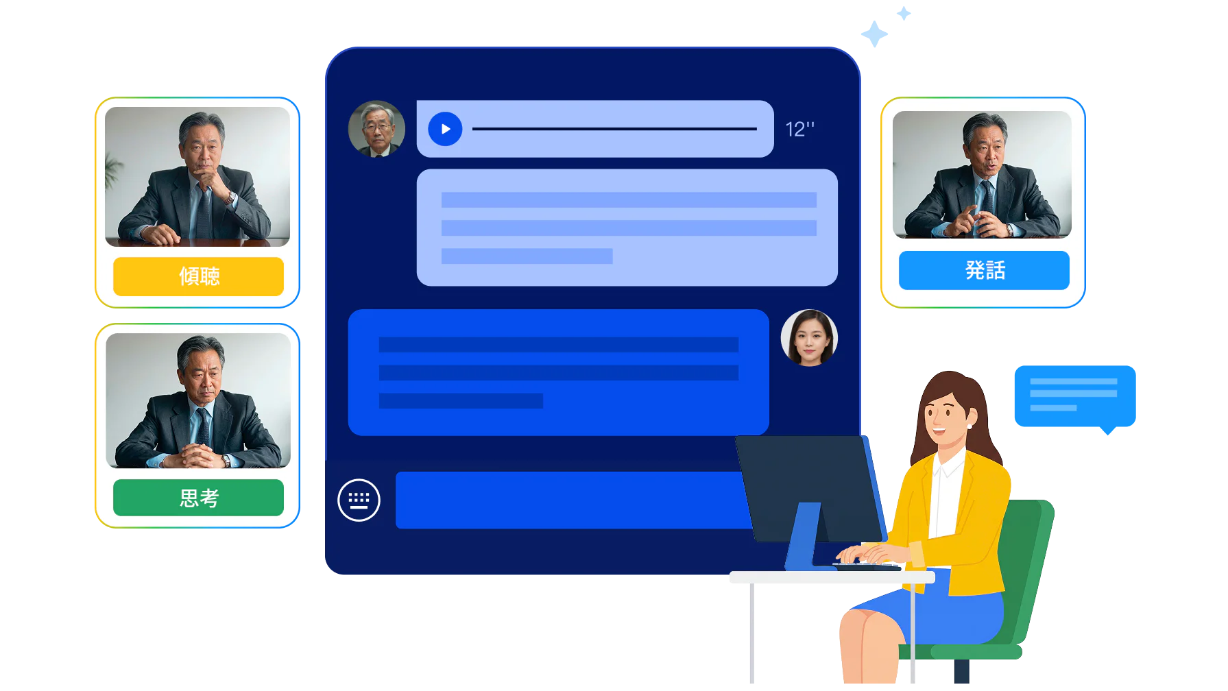 表情豊かなAIアバター顧客が、実際の訪問における言葉以外のサインや感情の反応を再現しているシーンです。