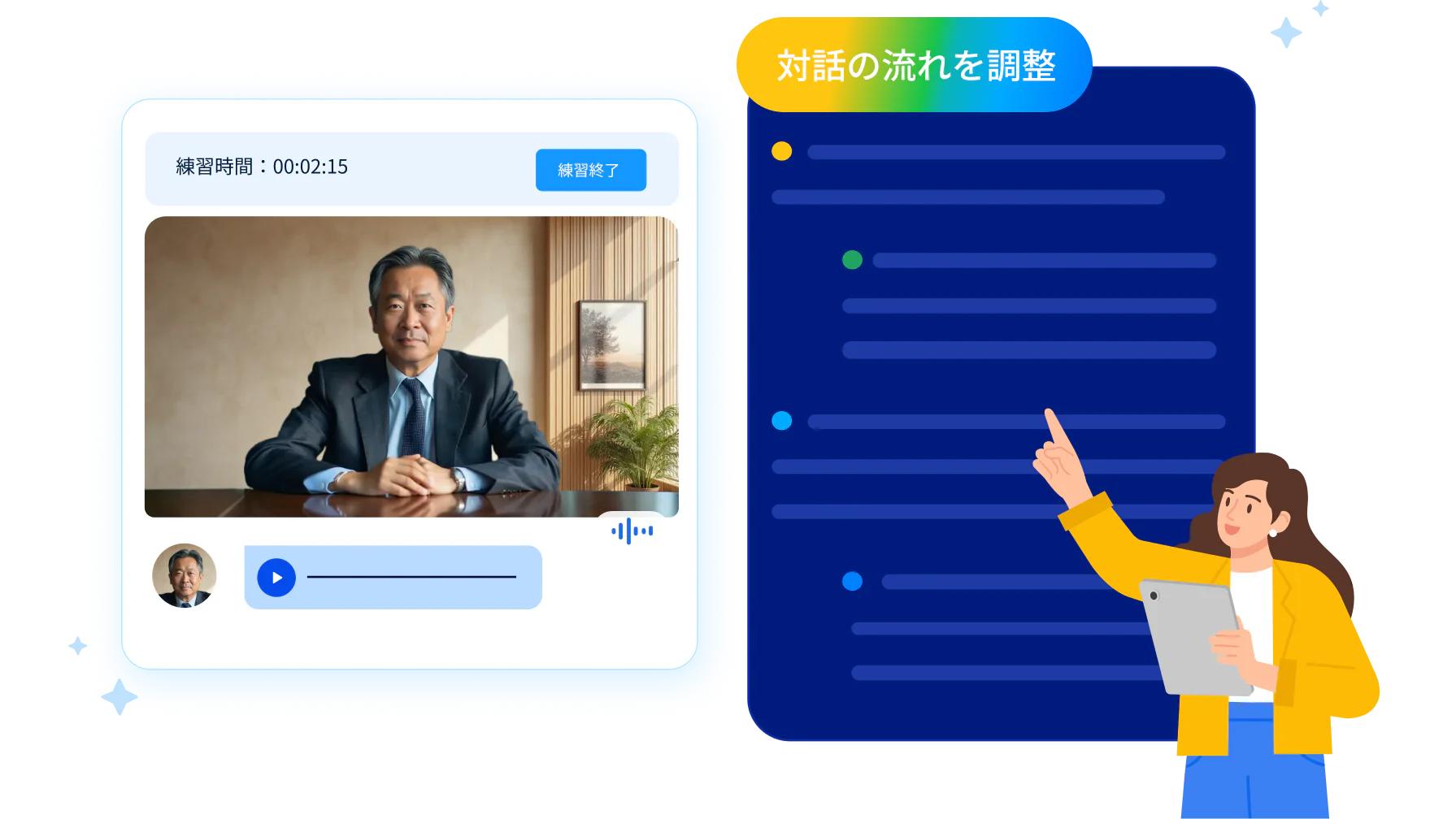 AIを活用した対話型ロールプレイで、営業の進め方に応じてAIの反応がその場で変わる様子を示した画面です。