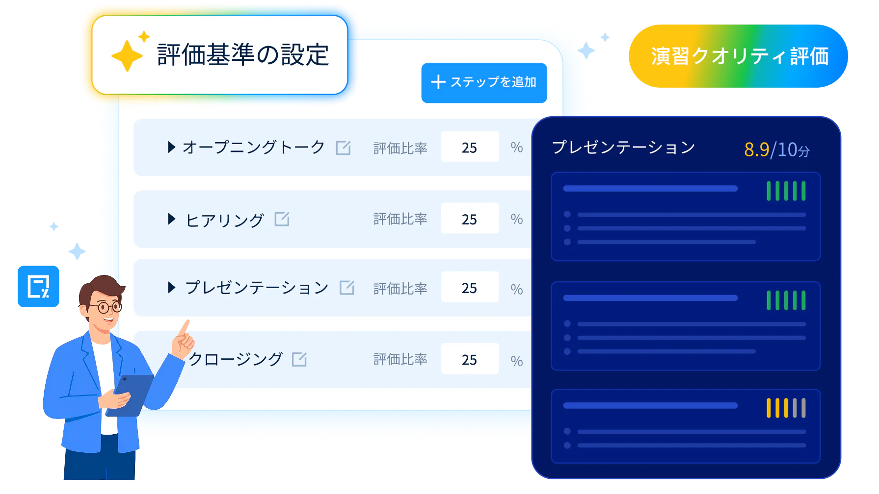 商談の戦略レベルまで踏み込むAI評価エンジンの画面で、実際の進め方を工程ごとに見て採点しています。