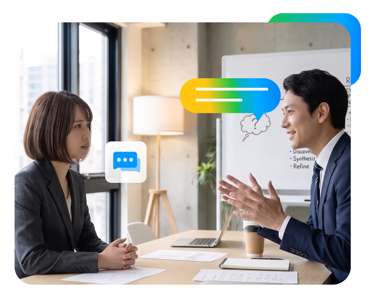 営業担当者がホワイトボードを使いながら、顧客の曖昧な要望を具体的な課題へと整理しているシーンです。