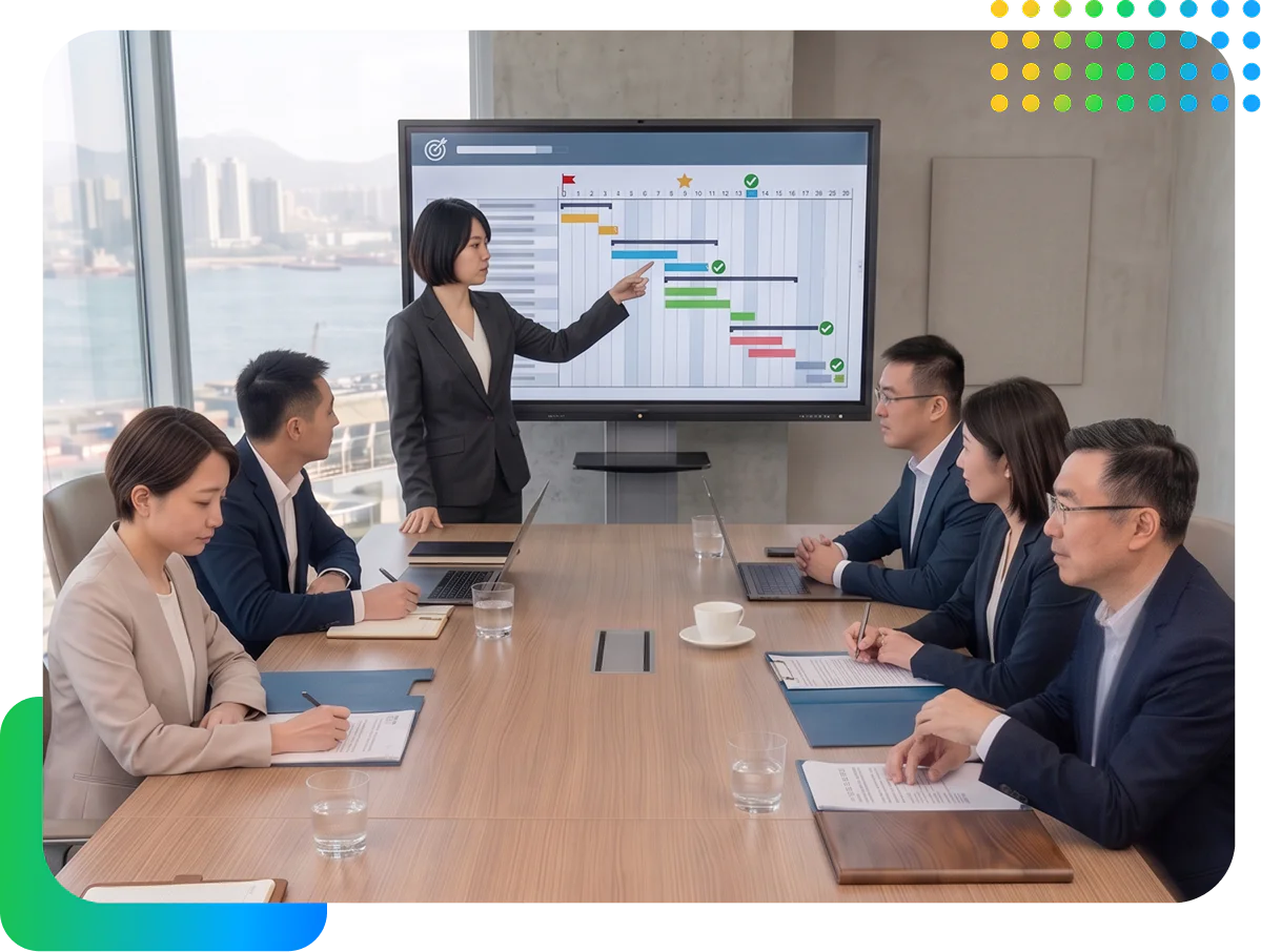 顧客と一緒に試験導入の計画を作り、マイルストーンと責任分担を効率よく合意して導入を加速するシーンです。
