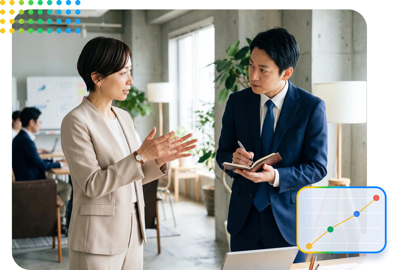 商談を終えた営業マネージャーが、メンバーと一対一で振り返りを行い、成果につながる助言をしているシーンです。