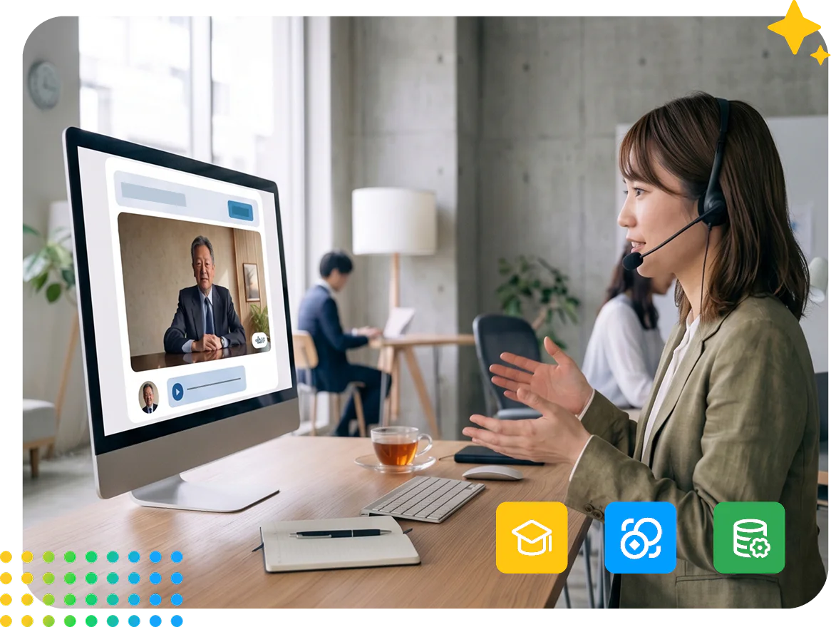 AIを活用した業界別のトークトレーニングで、顧客セグメントごとに適した価値提案を身につけるシーンです。