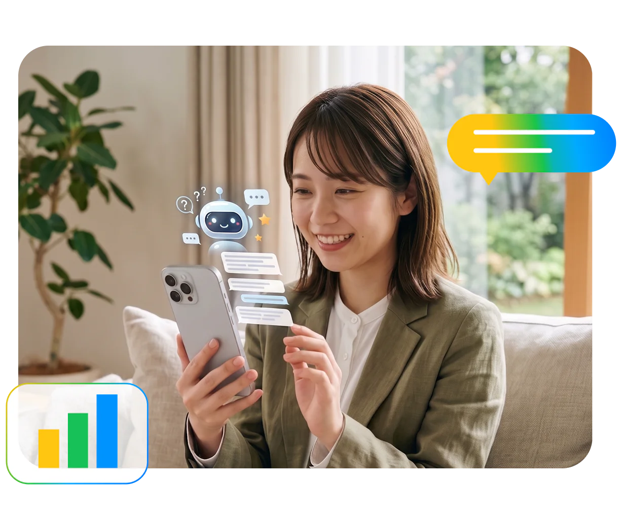 スマートフォンを両手で持ち、画面上に浮かぶ愛らしいAIロボットとの会話練習に取り組む女性営業担当者の様子です。周囲には対話が進行していることを示す吹き出しが浮かんでいます。