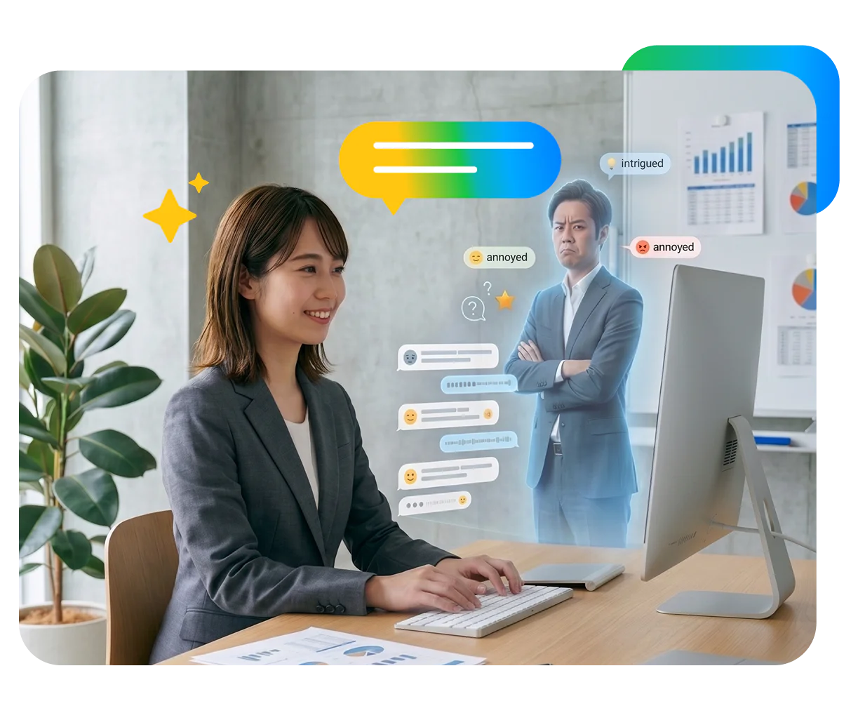 営業担当者がパソコンの前で、AIの顧客役と本番さながらの対話練習に取り組んでいるシーンです。