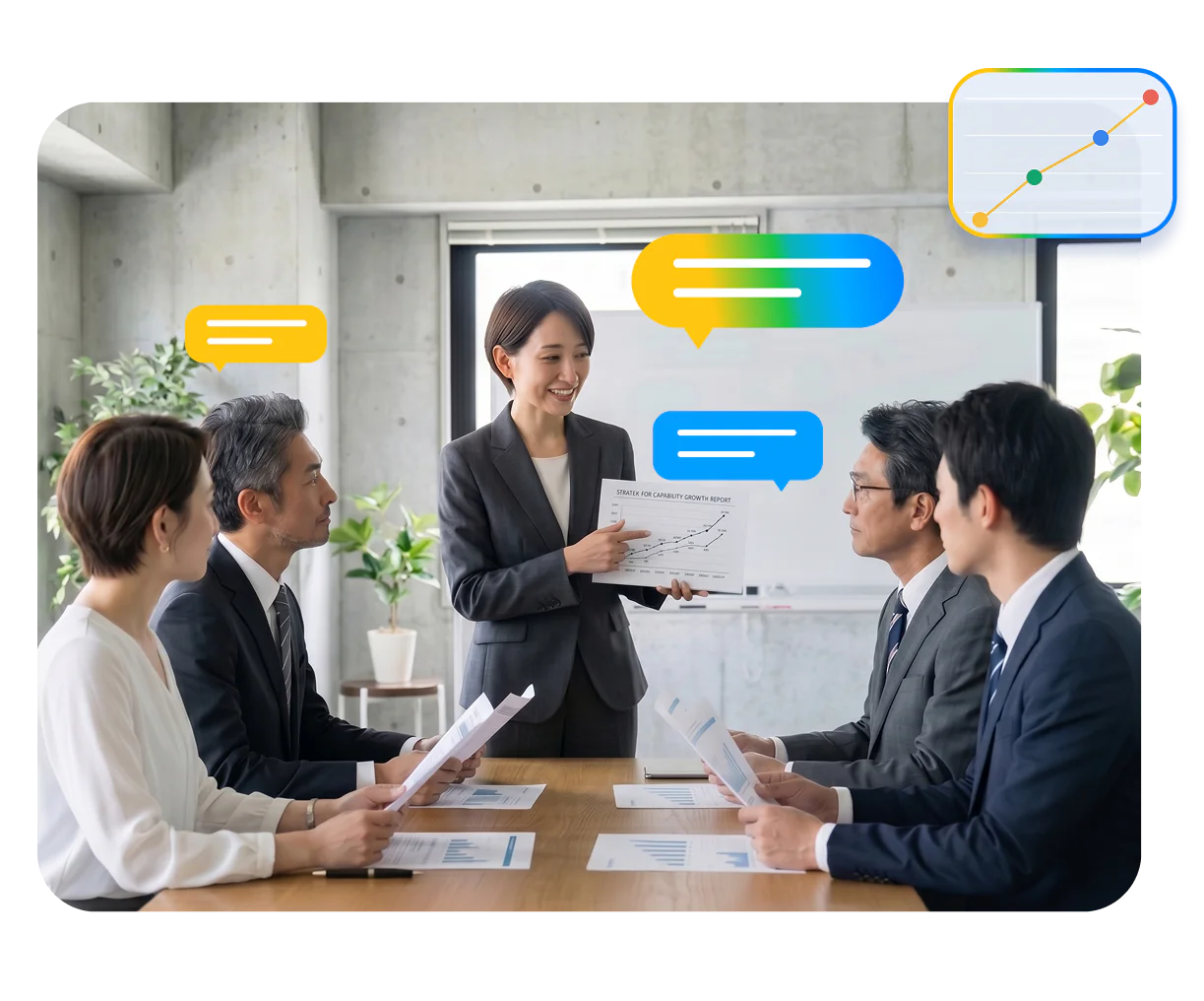 セールスイネーブルメント担当者が、能力成長のデータをまとめた資料を経営層に示しているシーンです。
