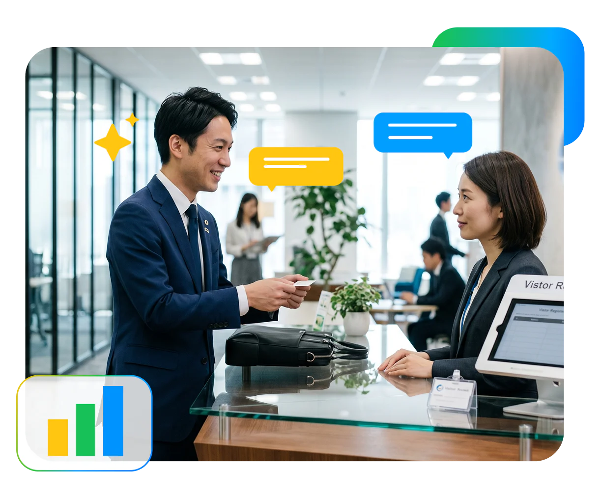 新人営業の担当者が初回訪問で受付の相手に名刺を両手で差し出し、第一印象で信頼を築こうとしているシーンです。